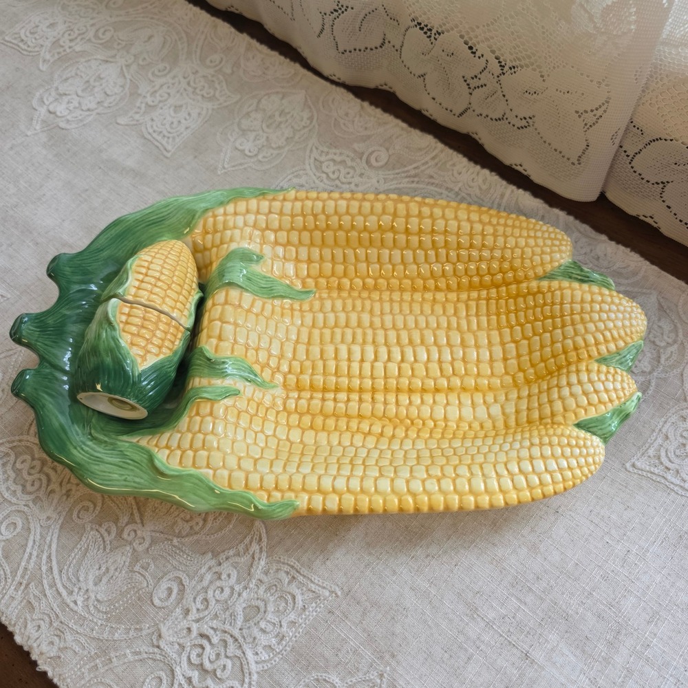 Bella Casa by GANZ Corn Serving Platter, Salt Pepper Set Yellow Green Ceramic 3D